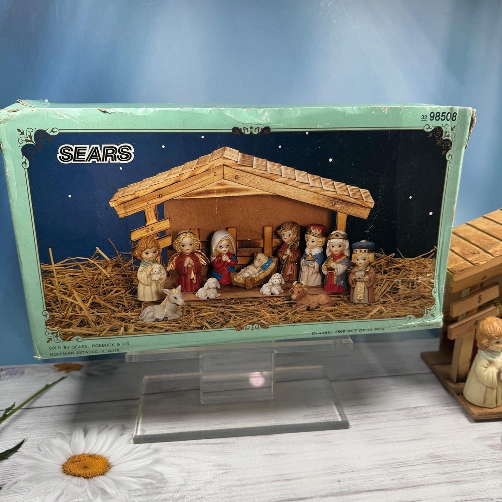 Sears Porcelain Kids Nativity Set 13pc Wooden Creche Manger VTG Christmas Retro